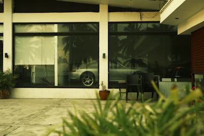Clear windshield reflecting a palm tree-lined street.