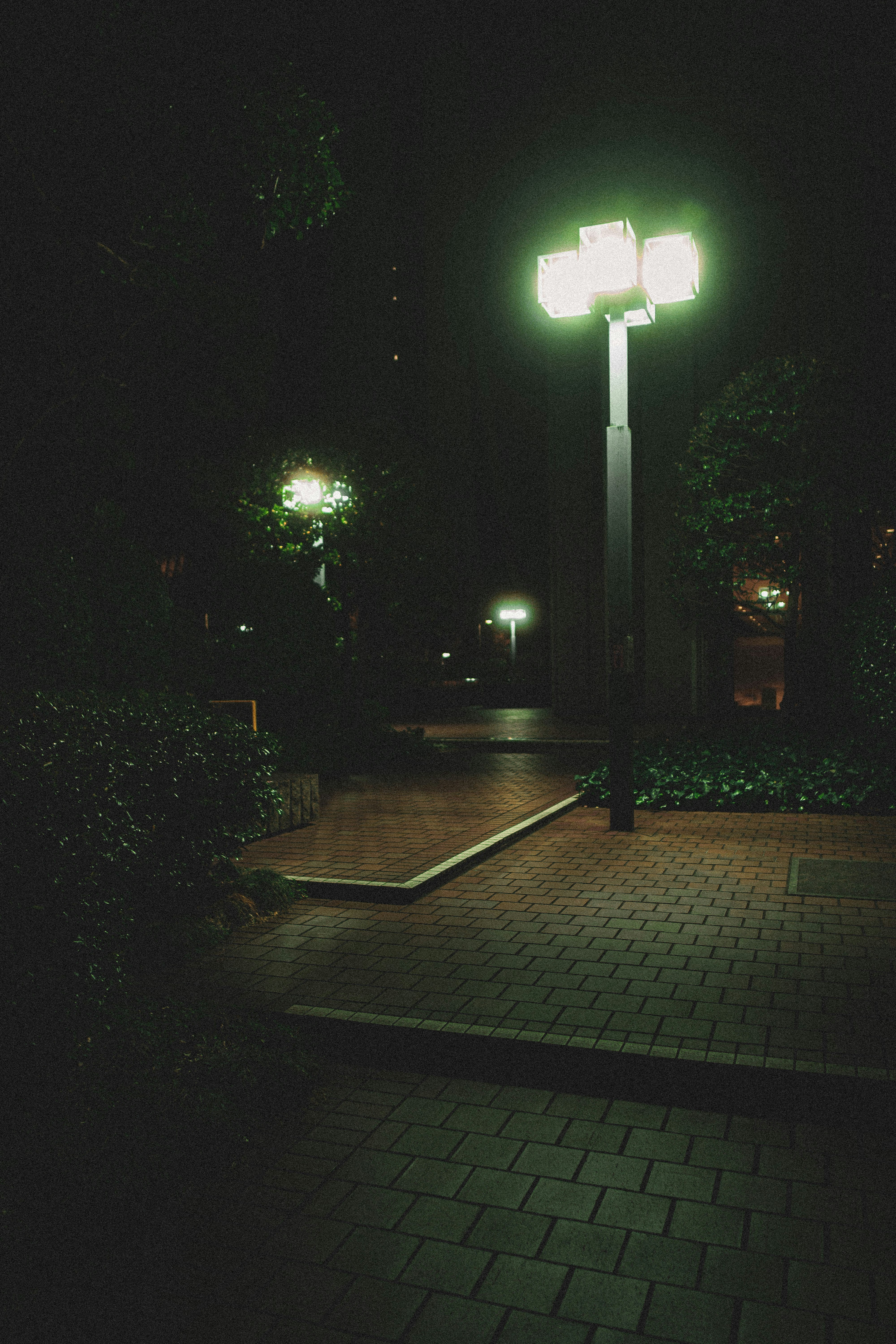 a sidewalk with street lights at night