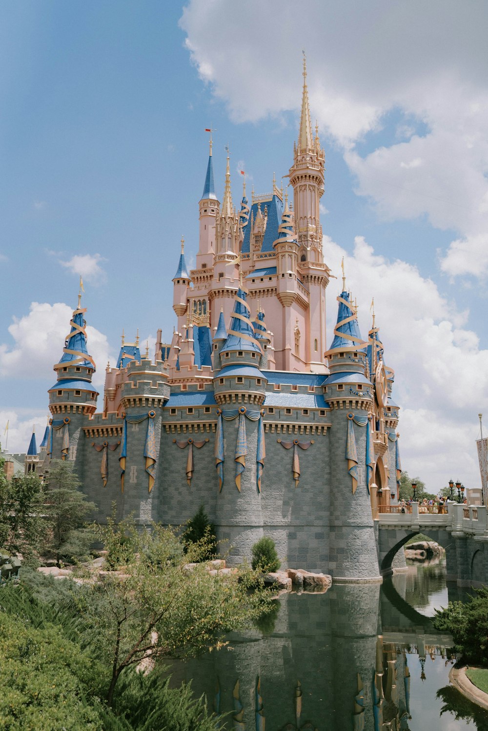 a castle with a bridge and trees