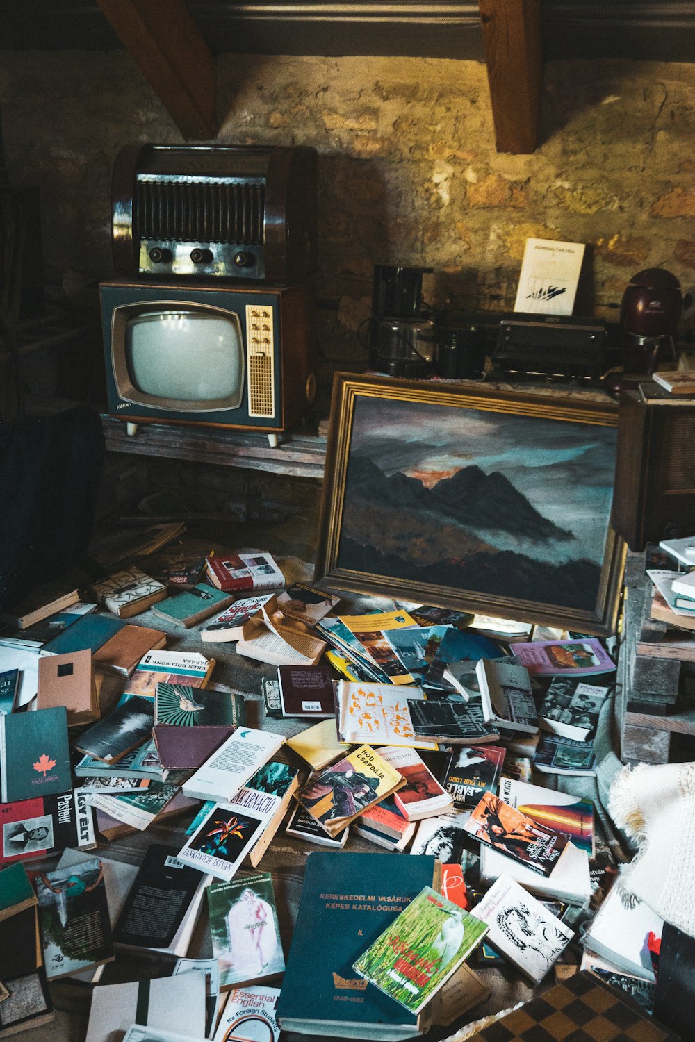 a table full of books and a television