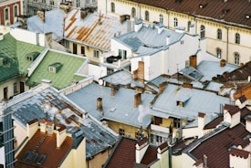 An aerial view of various roofs showcasing different styles and conditions.