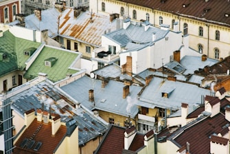 An aerial view of various roofs showcasing different styles and conditions.