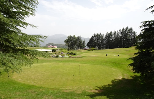 A serene yoga retreat setting with golf course views.