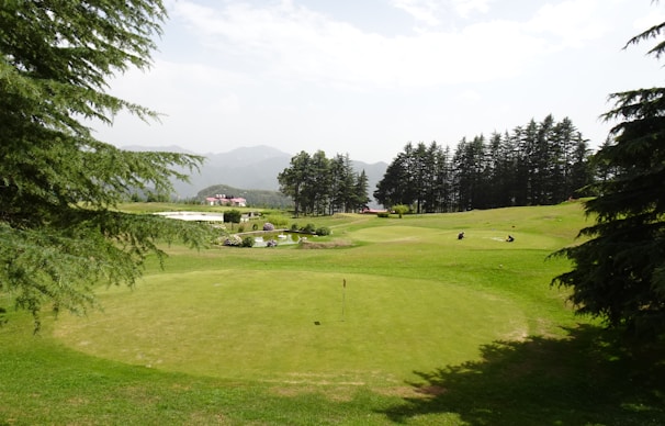 A serene golf course landscape with rolling hills and trees.