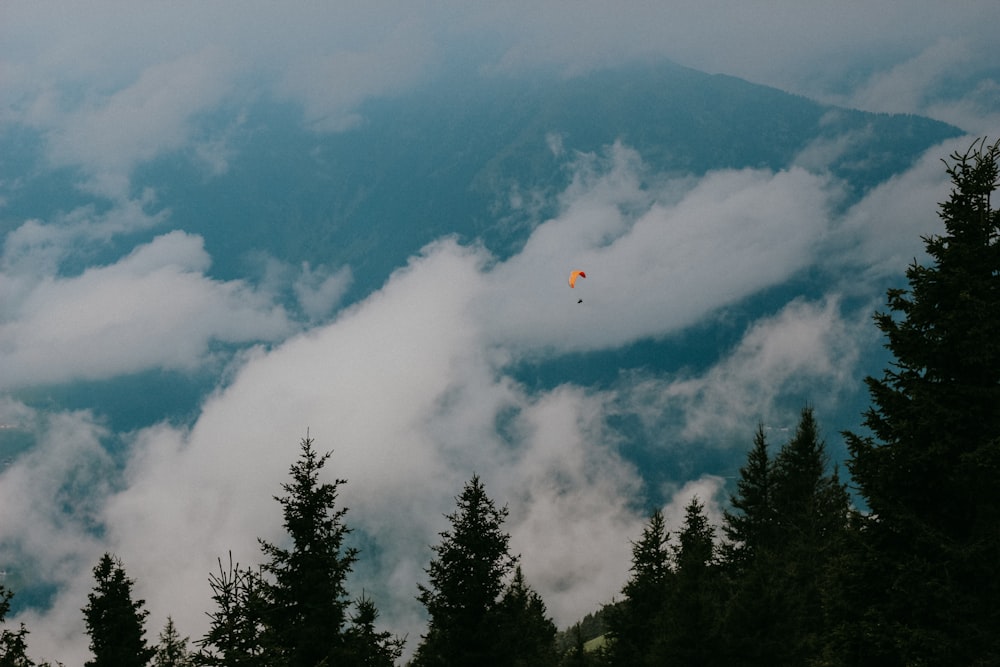 a hot air balloon flying over trees