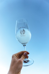 A hand with a lavender-painted fingernail holds a clear wine glass filled with a semi-transparent liquid against a clear blue sky. The glass features an emblem and text that suggests an association with a particular vineyard or winery.