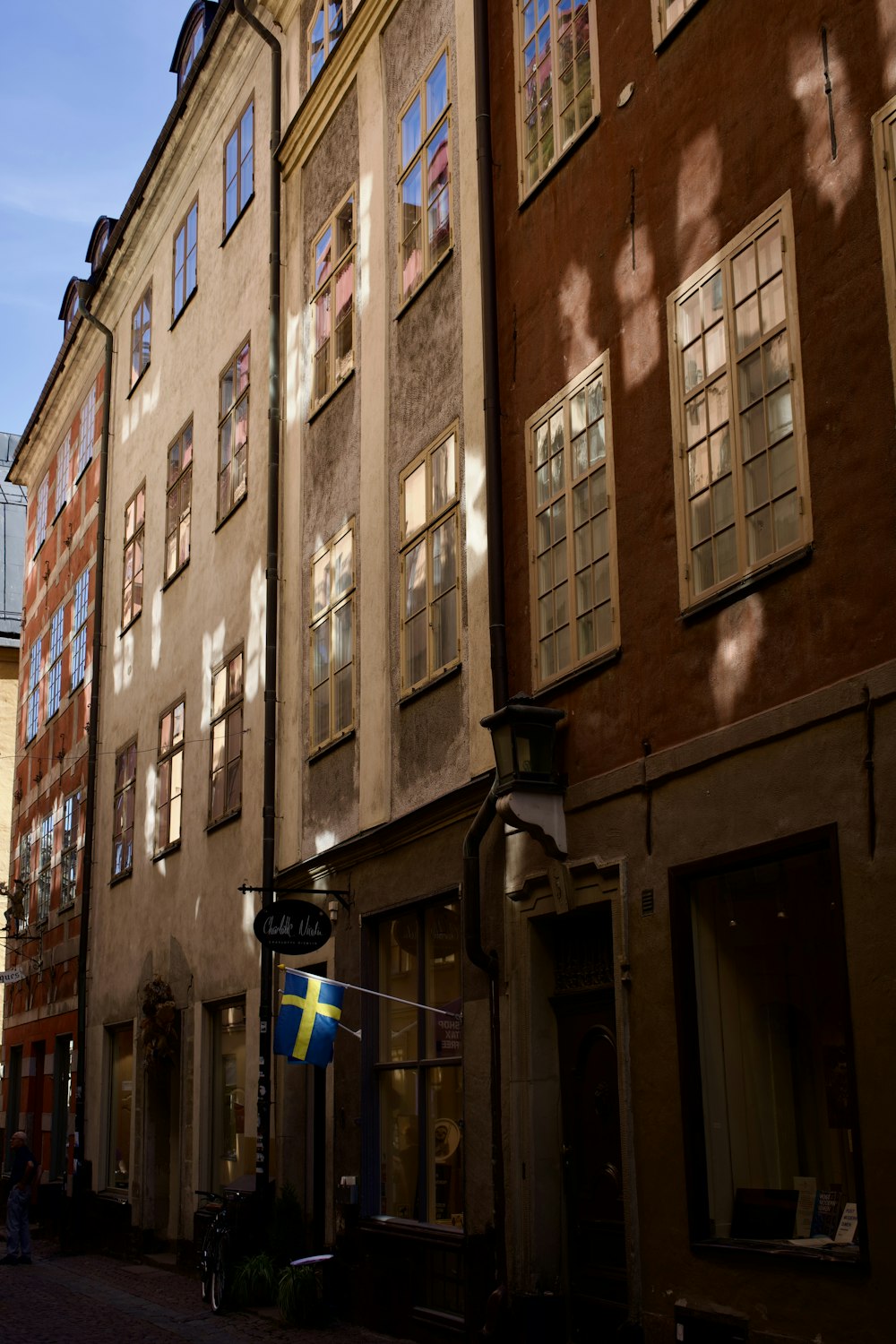 a building with a flag on the side