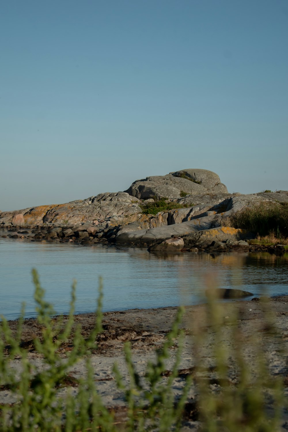 a body of water with rocks and grass around it