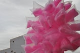 A cluster of bright pink cotton candy bags arranged together creates a vivid display against a cloudy sky backdrop. The translucent plastic bags contain fluffy pink cotton candy, adding a sense of whimsy and playfulness.