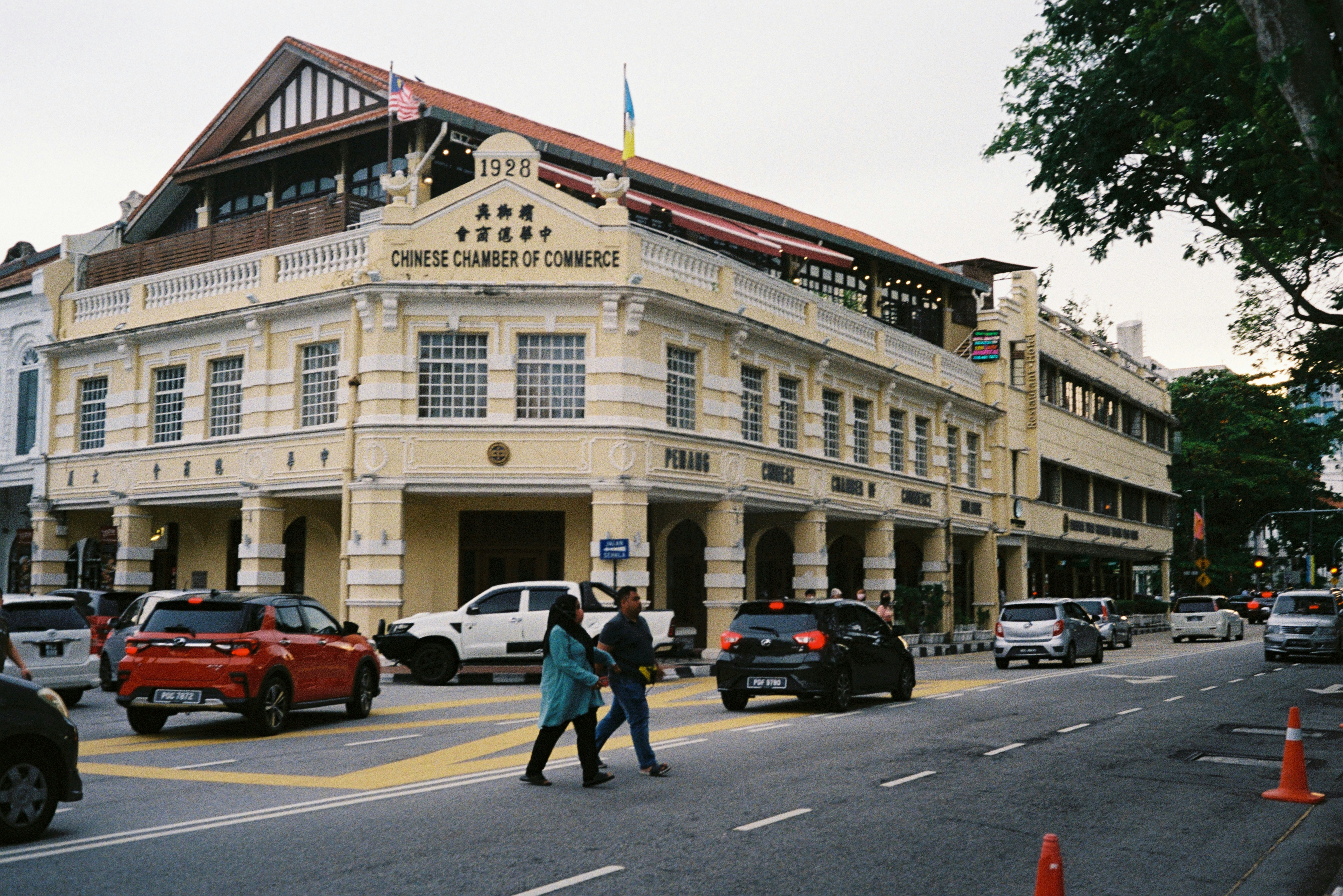 Historic street view with colonial buildings in George Town, Penang