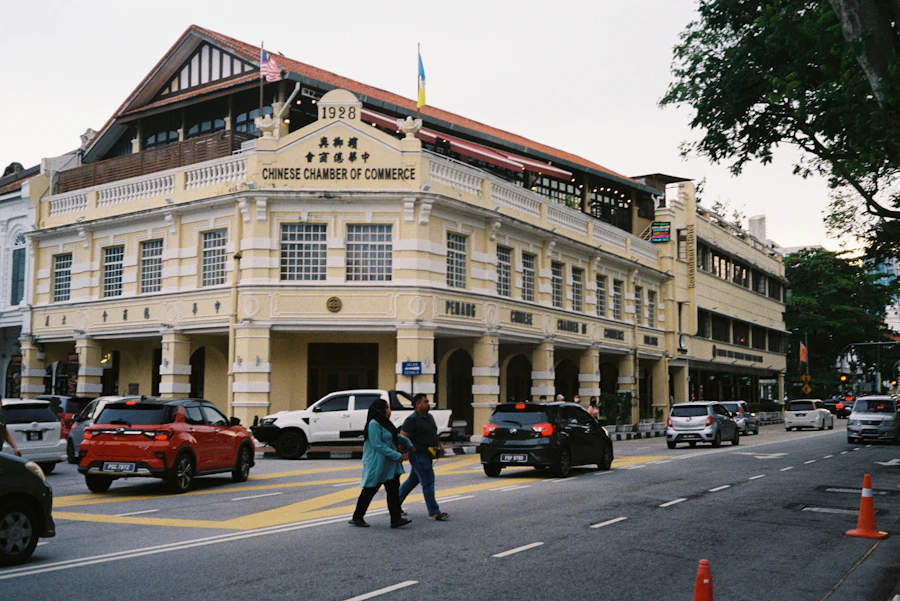Covered five-foot-way arcade along a row of traditional Penang shophouses