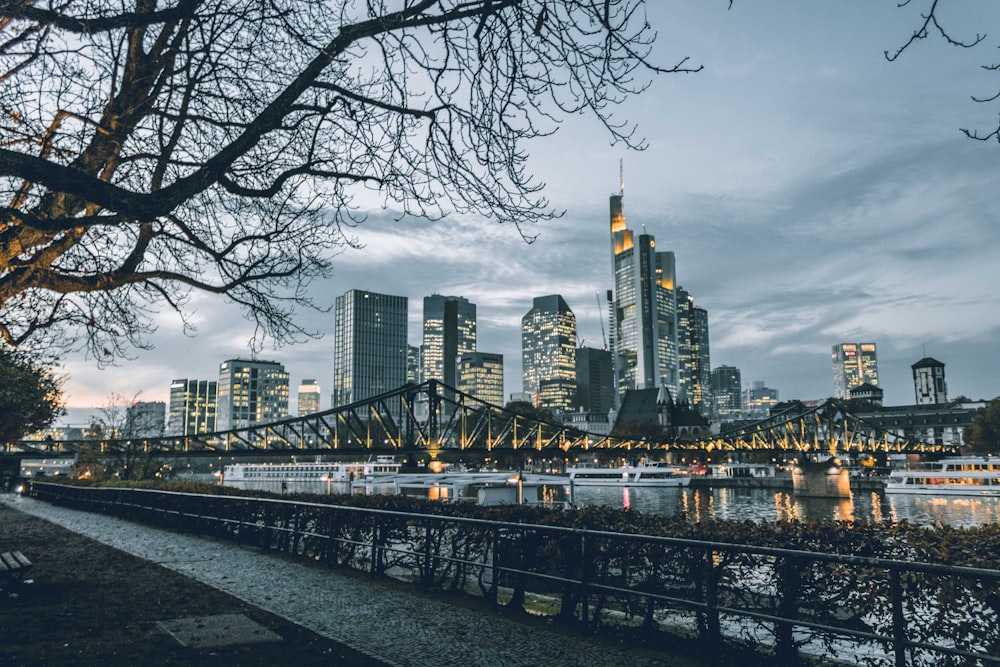 a city skyline with a river