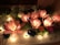 Large, illuminated pink flowers are arranged on a bed of green grass. The flowers are surrounded by small, colorful paper decorations and warm, glowing lights, creating a whimsical garden scene.