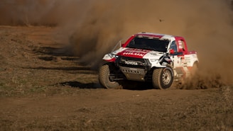 A rally truck speeding through a dirt track, kicking up a large cloud of dust. The vehicle is adorned with various sponsor logos, and the scene captures an intense moment of off-road racing.