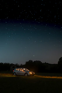 A cozy evening scene at the Fork Union Drive-In with cars parked under a starry sky and the marquee glowing warmly.