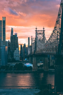 a bridge over water with buildings in the background