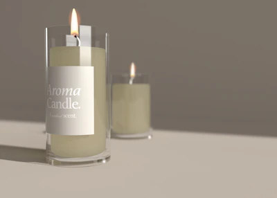 Close-up of scented candles and essential oils in a cozy setting