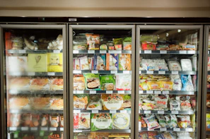 a display case with food