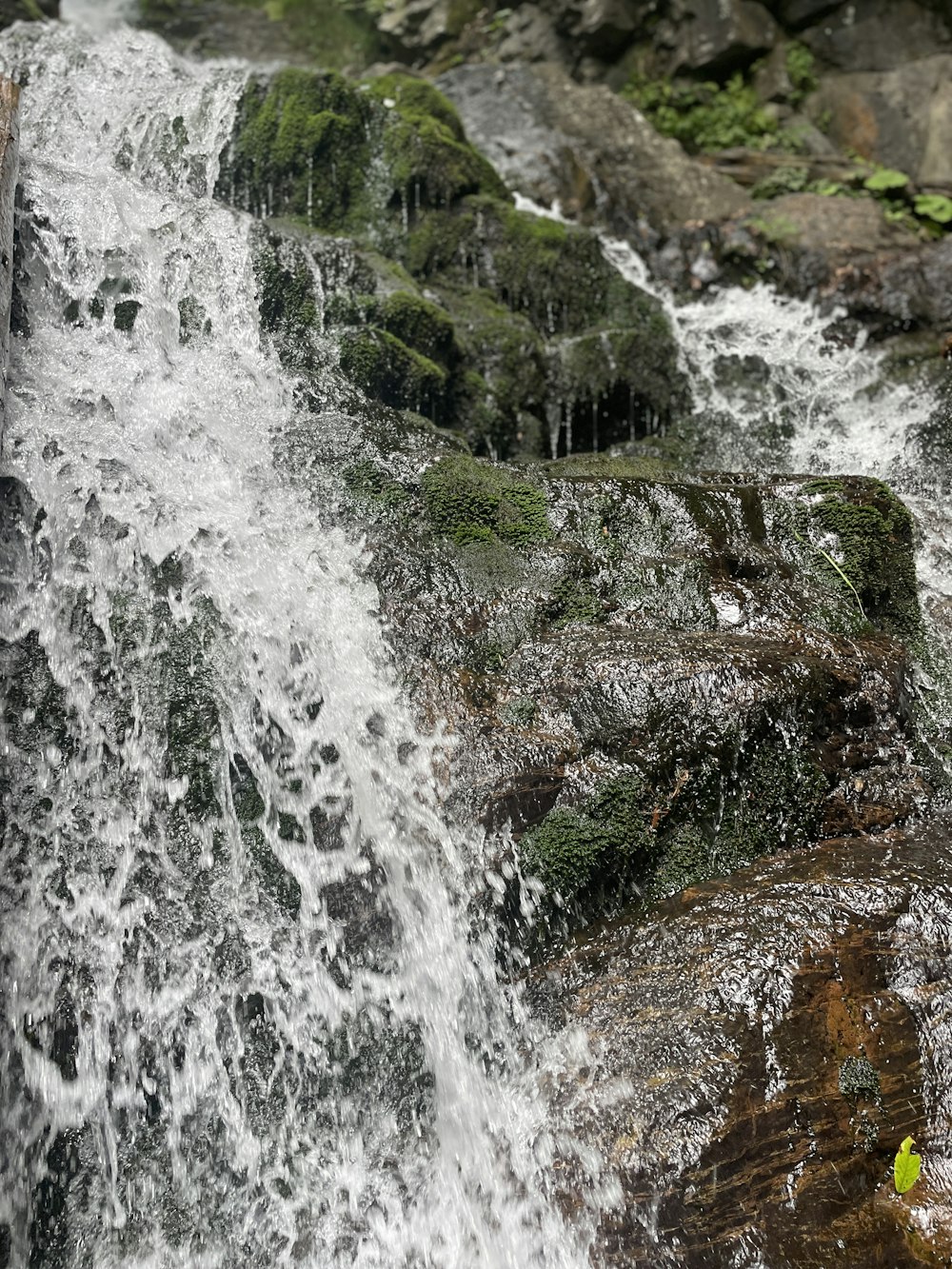 a waterfall with rocks and grass