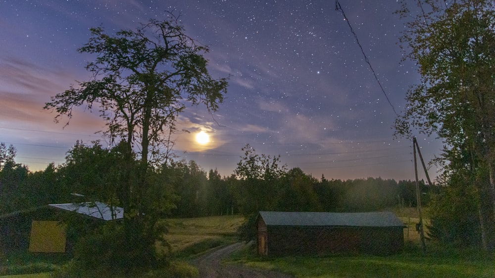 a house with a large moon in the background