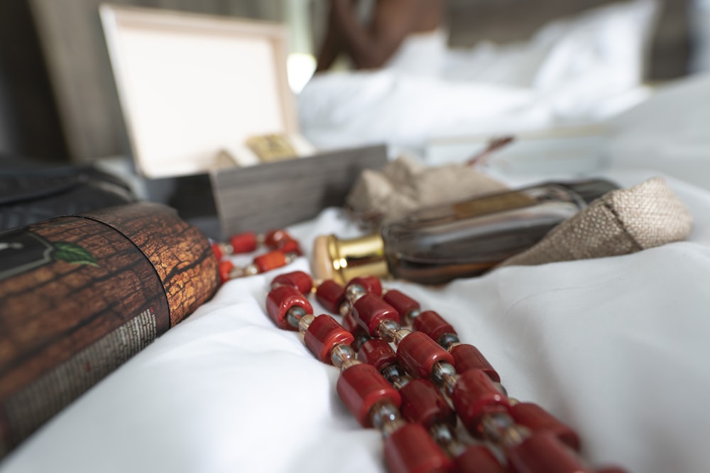 a bracelet on a bed