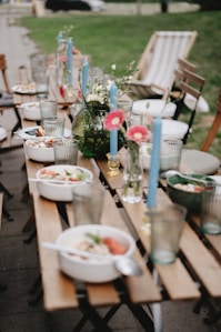 a table with plates and glasses on it