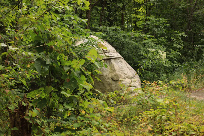 Large rock formation in a forest, similar to the Indian Rocks and Table Rock landmarks near Williamsburg, PA