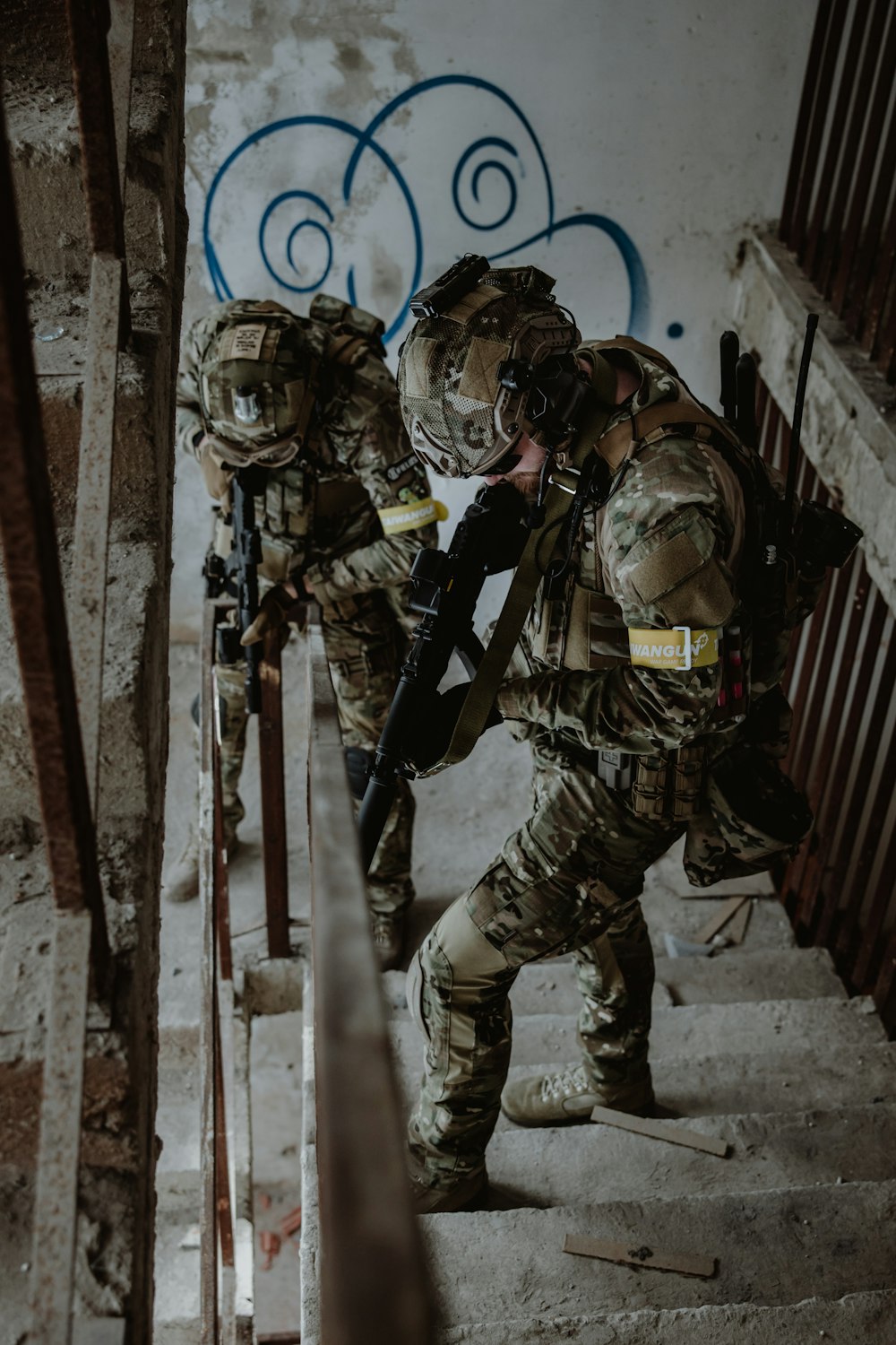 a group of soldiers in a hallway