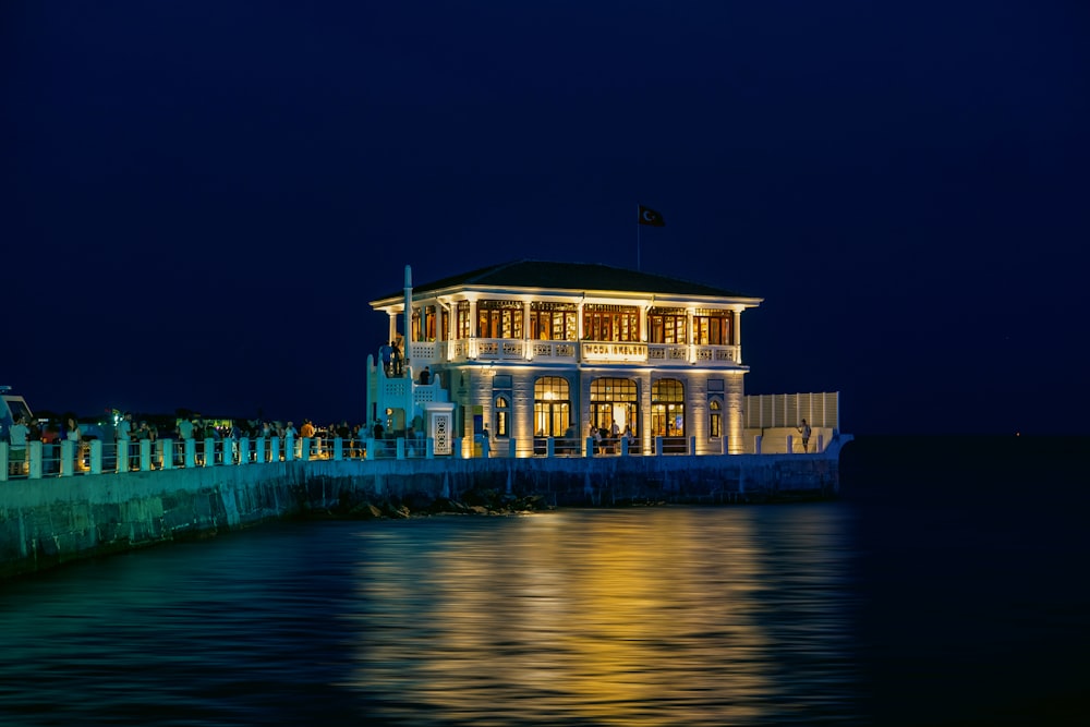 a building with lights on at night