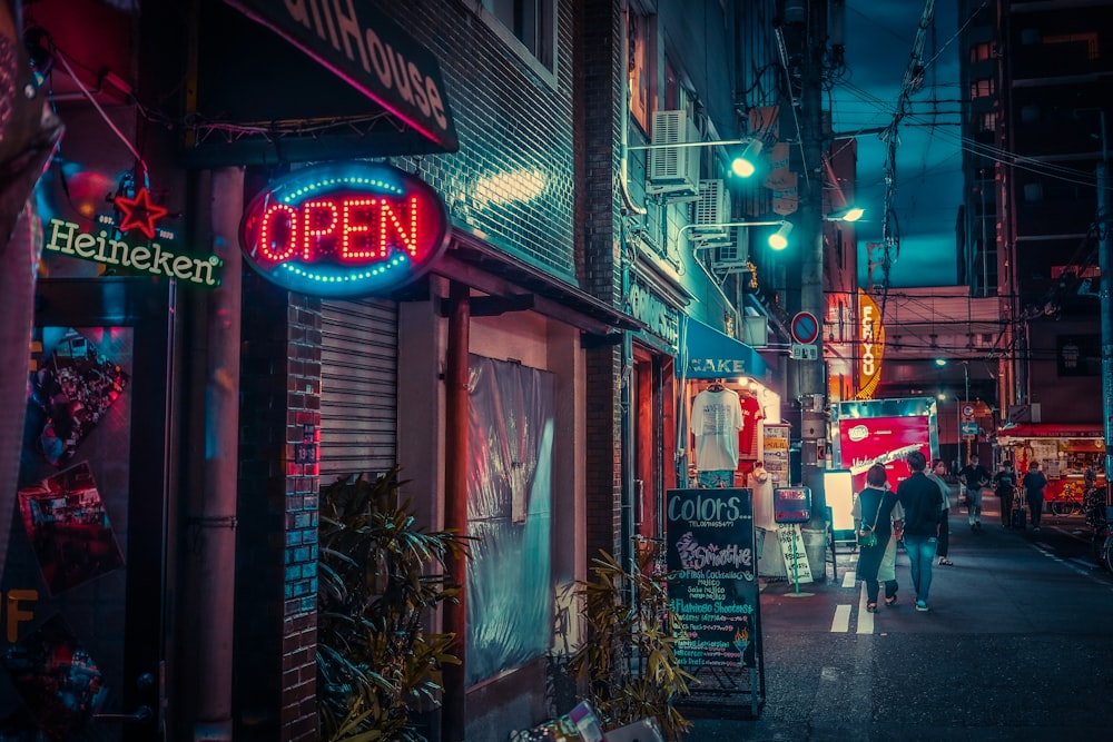 a store front at night