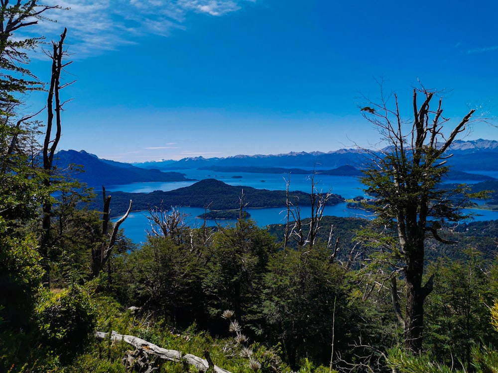 a view of a lake and mountains