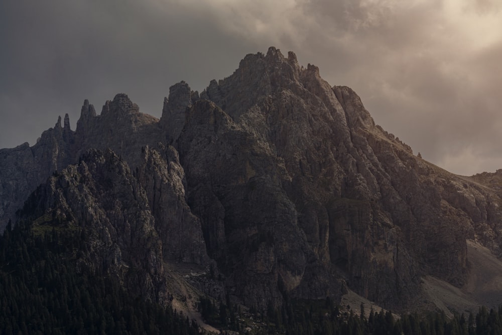 a rocky mountain with trees