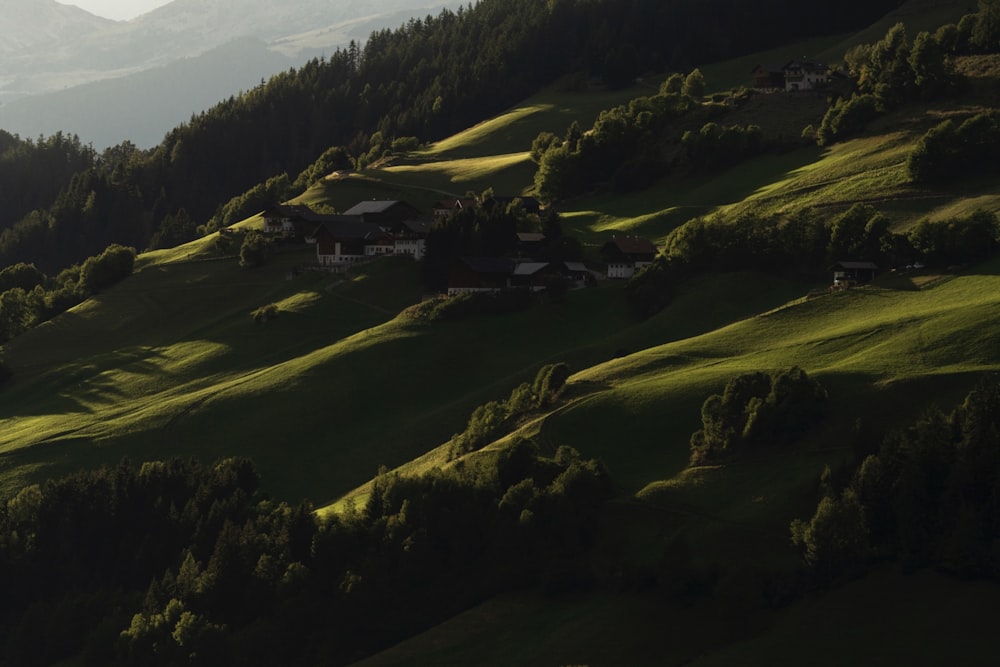 a green valley with houses