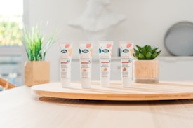 Four tubes of skincare product labeled 'BB Cr&egrave;me' stand on a round wooden tray. In the background, there are green plants in decorative pots. The setting appears to be a bright, minimalist indoor environment with soft lighting.
