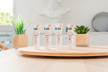 Four tubes of skincare product labeled 'BB Crème' stand on a round wooden tray. In the background, there are green plants in decorative pots. The setting appears to be a bright, minimalist indoor environment with soft lighting.