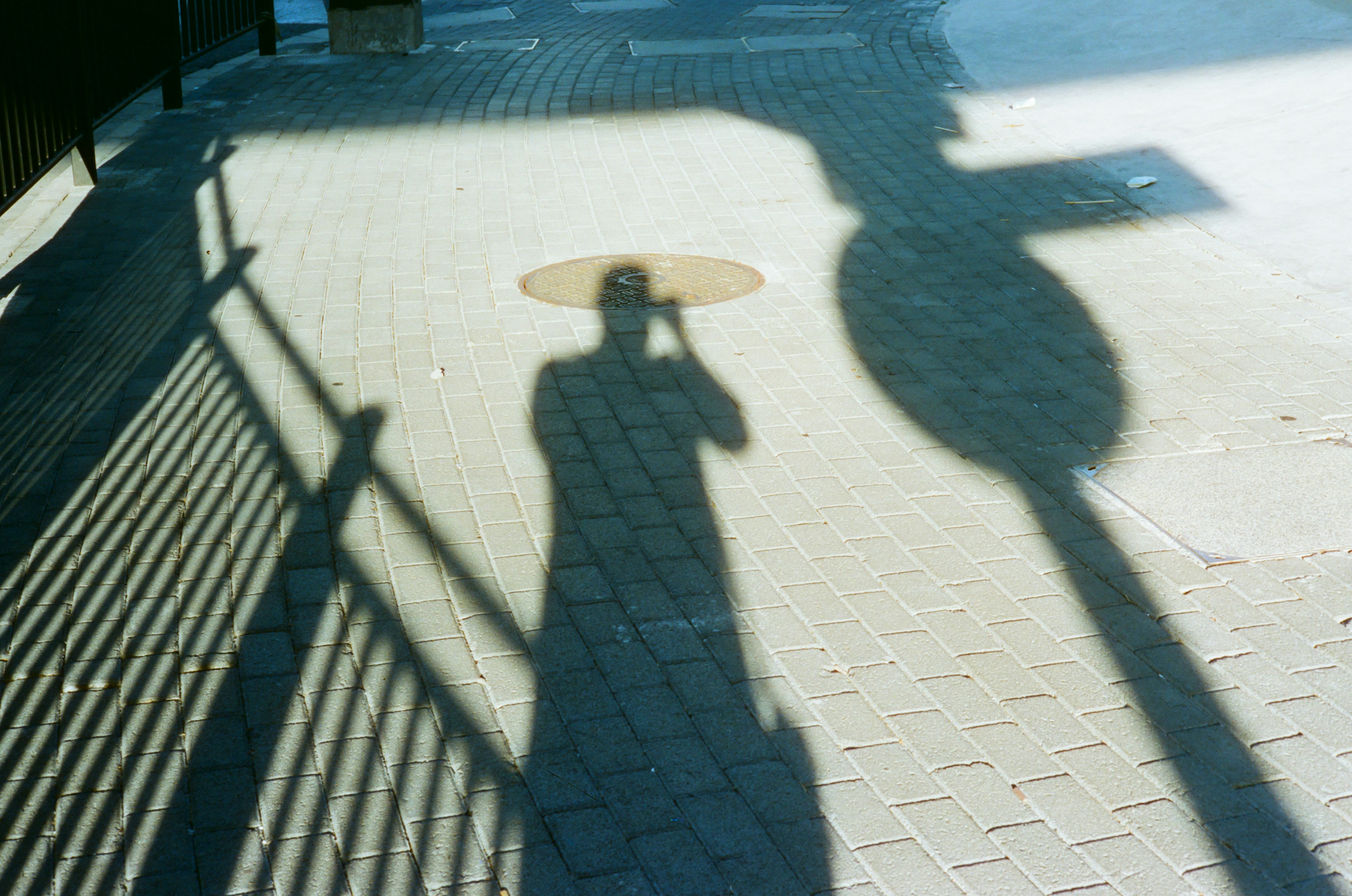 A person's shadow on a brick walkway