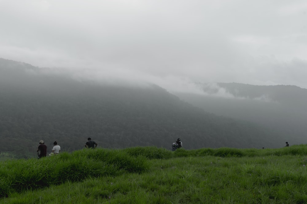 a group of people on a grassy hill with fog