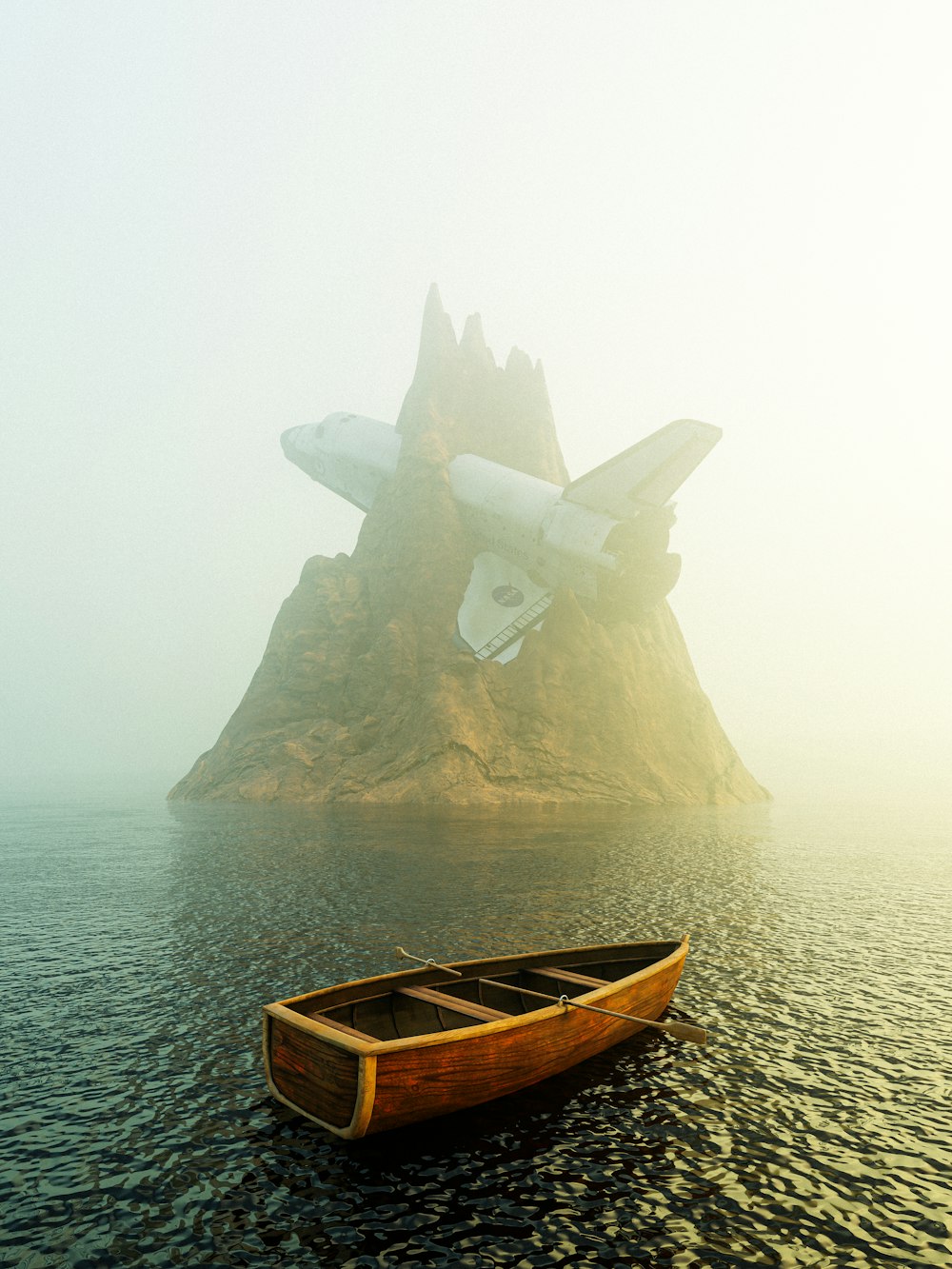 a boat in the water with a large rock in the background