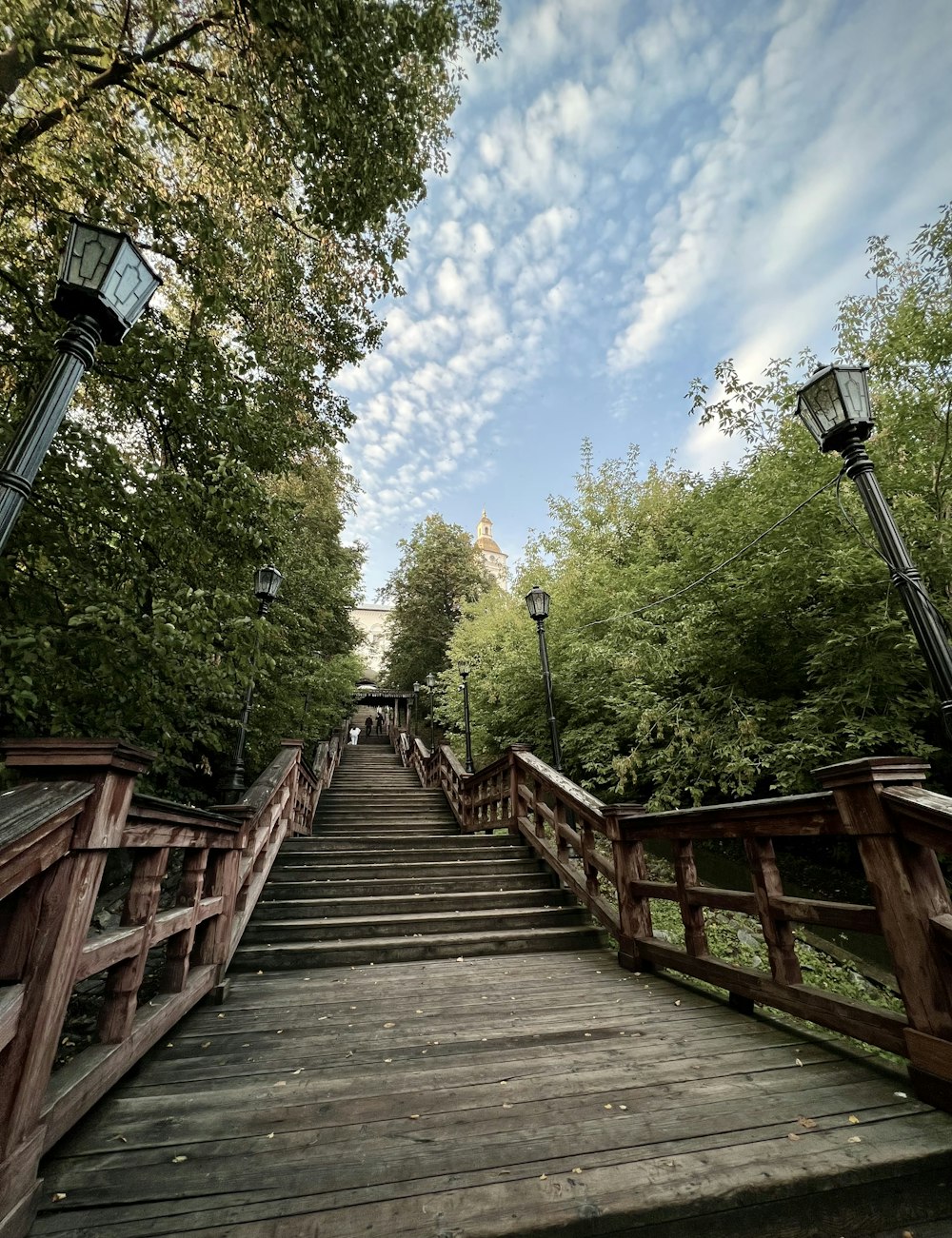 a wooden bridge with trees on either side of it