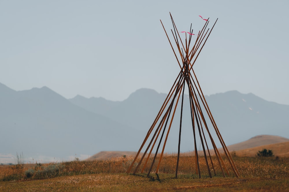 a tall metal tower in a field