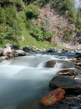 A serene mountain stream flowing through lush green Uttarakhand hills with traditional terraced farms in the background.