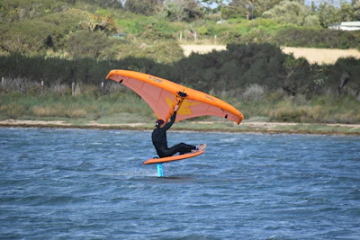 A group of wingfoil riders enjoying flat water spots surrounded by palm trees in Los Roques.
