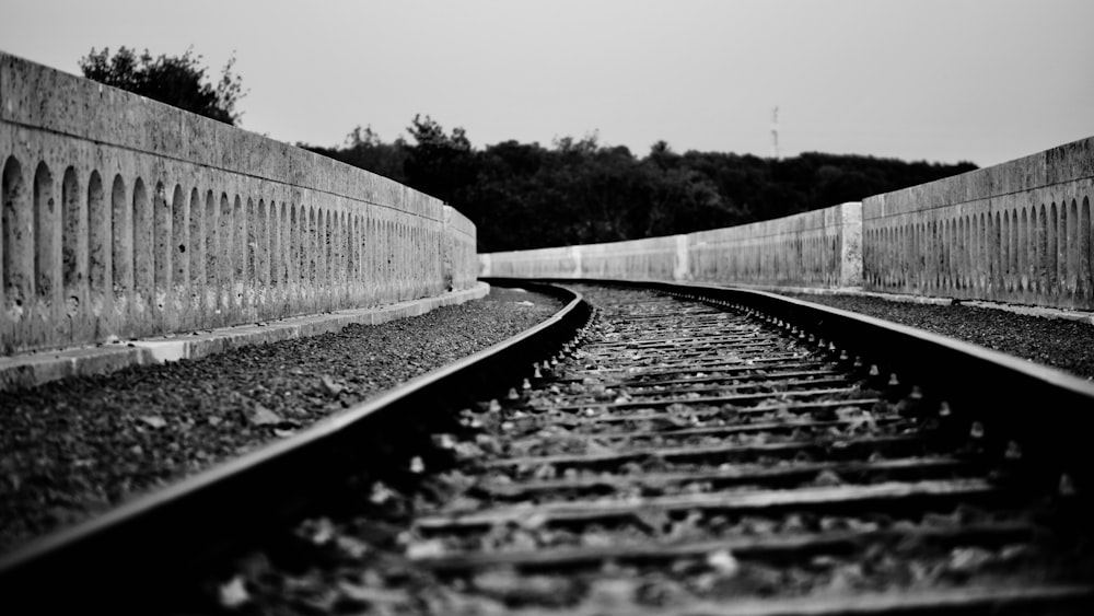 a train track with a wall and trees in the background