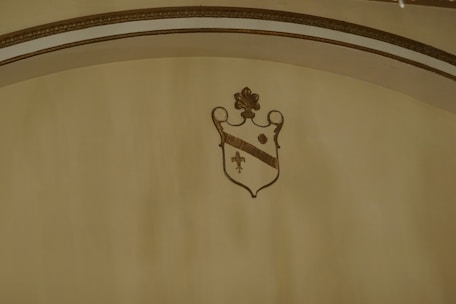 An ornate shield with a fleur-de-lis symbol beneath a decorative arch. The shield is adorned with gold and brown stripes, featuring a floral motif at the top.