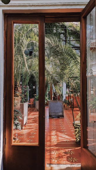 a room with a large glass door