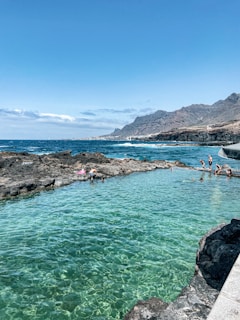 people swimming in a blue water