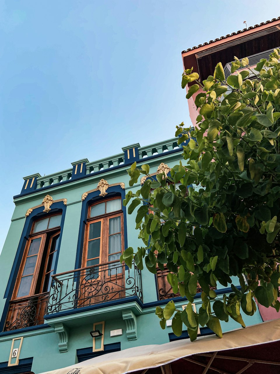Colourful colonial church and buildings framed by palm trees in San Cristóbal de La Laguna, Tenerife