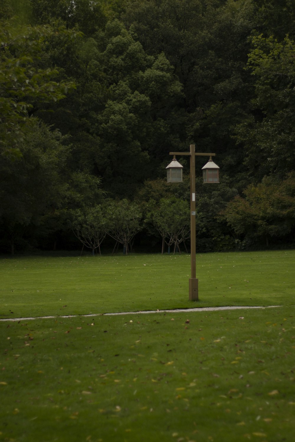 a cross on a pole in a grassy field with trees in the background