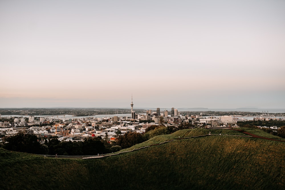 a city with a tower in the distance