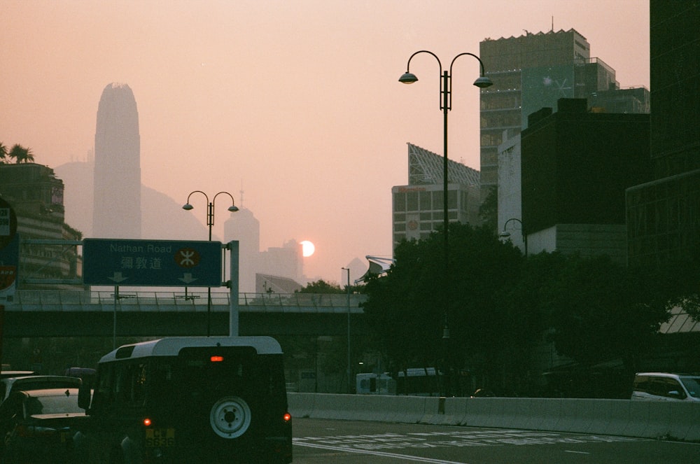 a city skyline at sunset